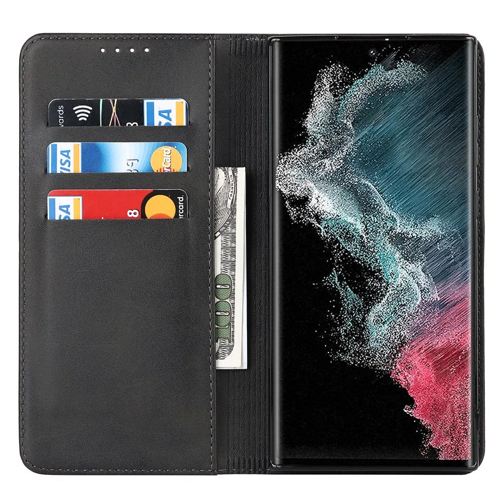 Textured PU Leather Case for Samsung Galaxy S22 Ultra 5G, Stand Wallet Design Auto Closing Magnetic Phone Cover - Black - 4