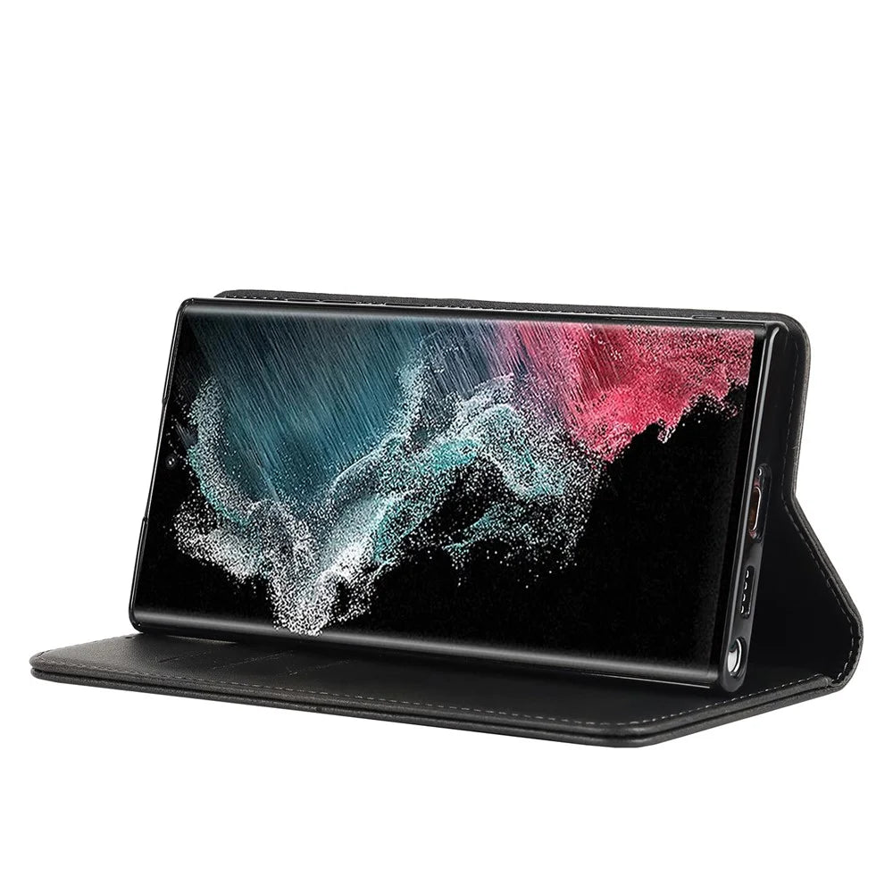 Textured PU Leather Case for Samsung Galaxy S22 Ultra 5G, Stand Wallet Design Auto Closing Magnetic Phone Cover - Black - 5