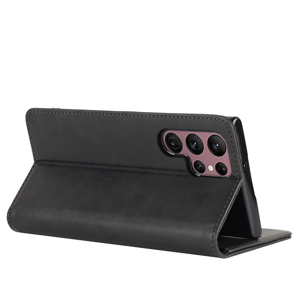Textured PU Leather Case for Samsung Galaxy S22 Ultra 5G, Stand Wallet Design Auto Closing Magnetic Phone Cover - Black - 6