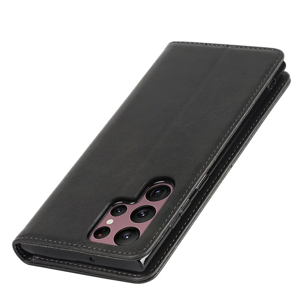 Textured PU Leather Case for Samsung Galaxy S22 Ultra 5G, Stand Wallet Design Auto Closing Magnetic Phone Cover - Black - 7
