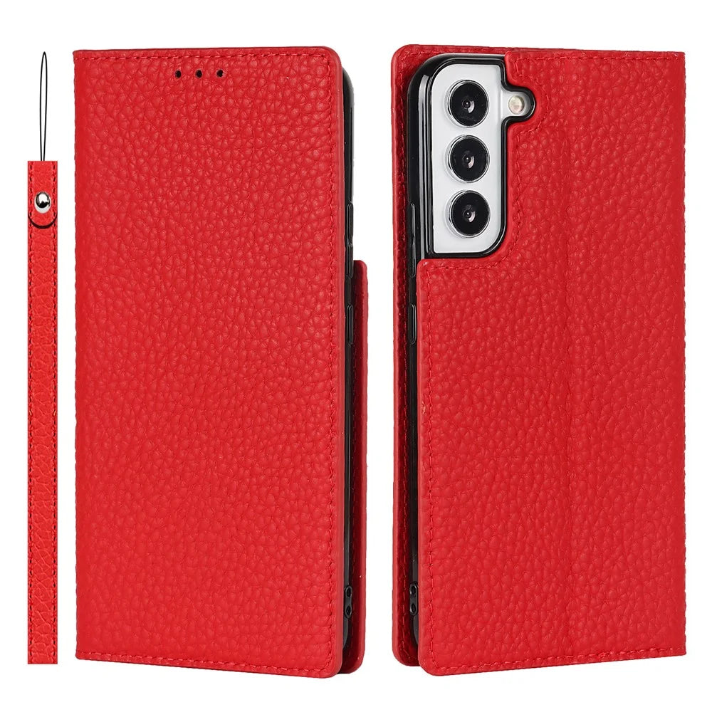 For Samsung Galaxy S22 5G Litchi Texture Genuine Leather Phone Case Wallet Stand Protective Cover with Wrist Strap - Red - 1