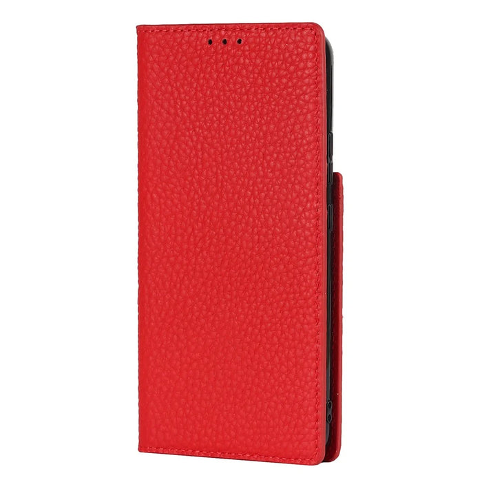 For Samsung Galaxy S22 5G Litchi Texture Genuine Leather Phone Case Wallet Stand Protective Cover with Wrist Strap - Red - 2