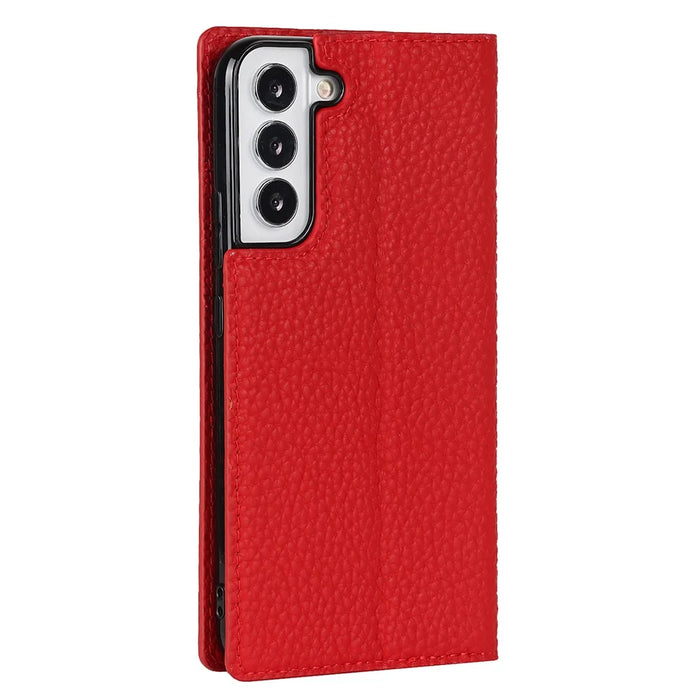 For Samsung Galaxy S22 5G Litchi Texture Genuine Leather Phone Case Wallet Stand Protective Cover with Wrist Strap - Red - 3