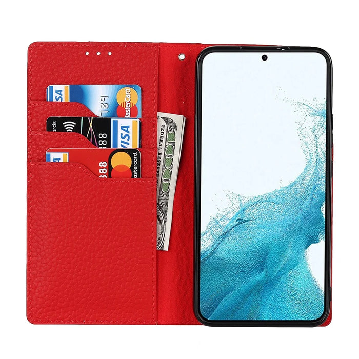 For Samsung Galaxy S22 5G Litchi Texture Genuine Leather Phone Case Wallet Stand Protective Cover with Wrist Strap - Red - 4