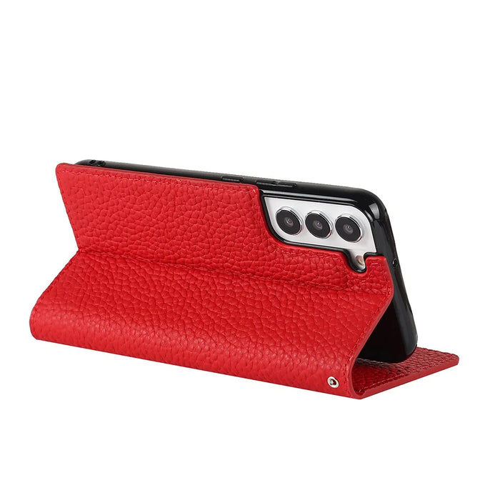 For Samsung Galaxy S22 5G Litchi Texture Genuine Leather Phone Case Wallet Stand Protective Cover with Wrist Strap - Red - 5