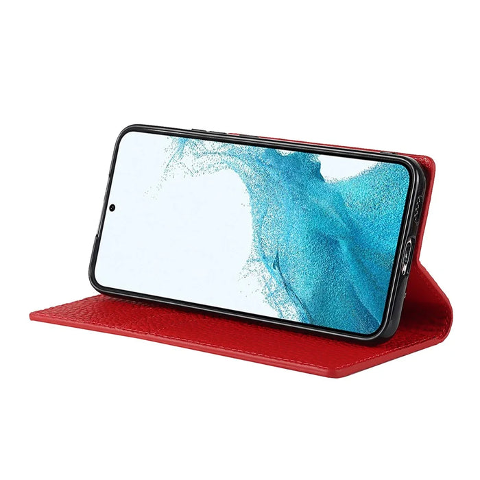 For Samsung Galaxy S22 5G Litchi Texture Genuine Leather Phone Case Wallet Stand Protective Cover with Wrist Strap - Red - 6