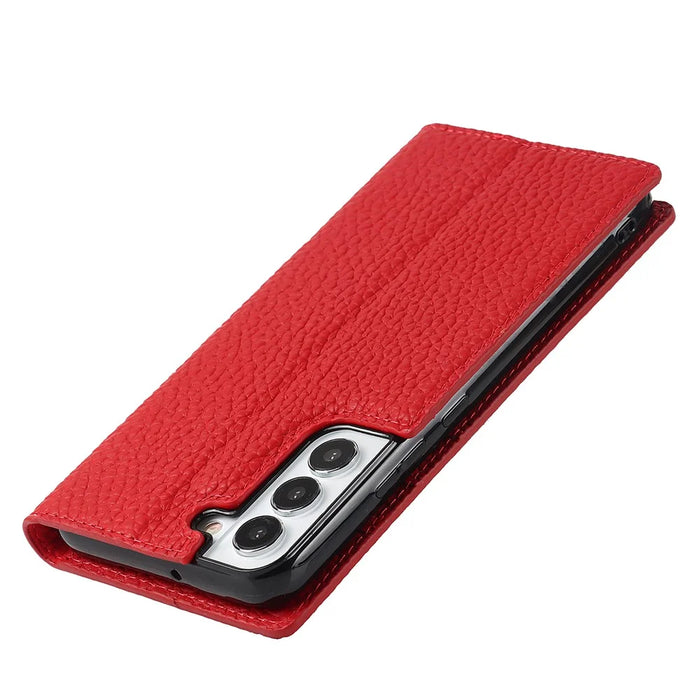 For Samsung Galaxy S22 5G Litchi Texture Genuine Leather Phone Case Wallet Stand Protective Cover with Wrist Strap - Red - 7