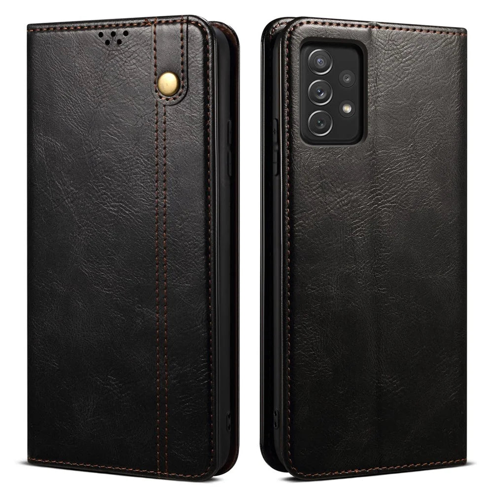 For Samsung Galaxy A23 4G / 5G (Global Version) Waxy Crazy Horse Texture Magnetic Auto-absorbed Leather Case Wallet Style Stand Book Shockproof TPU Inner Shell - Black - 1