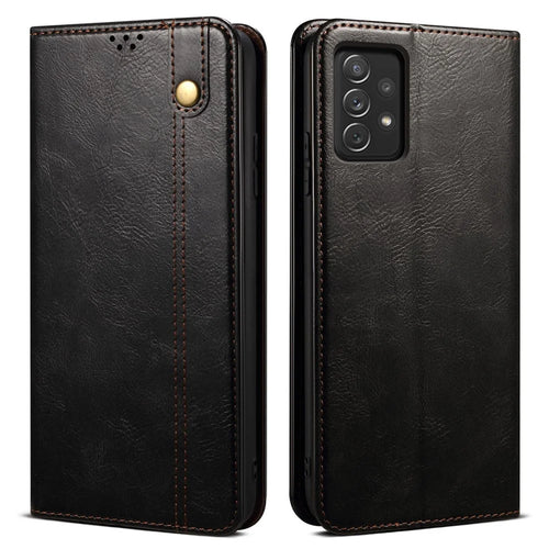 For Samsung Galaxy A23 4G / 5G (Global Version) Waxy Crazy Horse Texture Magnetic Auto-absorbed Leather Case Wallet Style Stand Book Shockproof TPU Inner Shell - Black - 1