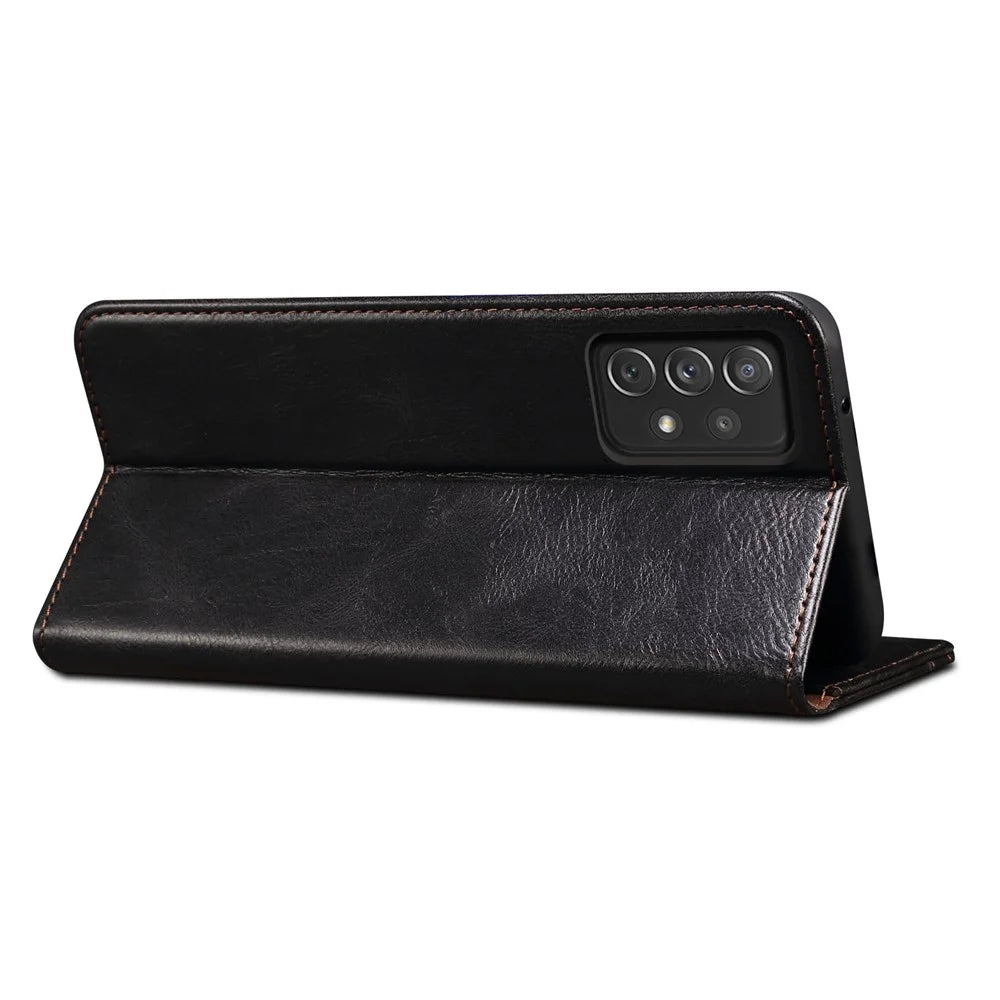 For Samsung Galaxy A23 4G / 5G (Global Version) Waxy Crazy Horse Texture Magnetic Auto-absorbed Leather Case Wallet Style Stand Book Shockproof TPU Inner Shell - Black - 4