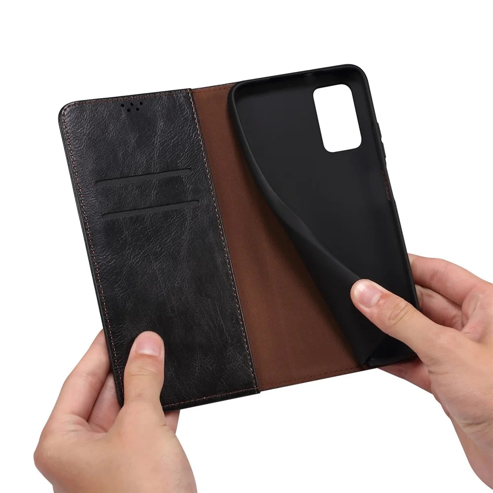 For Samsung Galaxy A23 4G / 5G (Global Version) Waxy Crazy Horse Texture Magnetic Auto-absorbed Leather Case Wallet Style Stand Book Shockproof TPU Inner Shell - Black - 7
