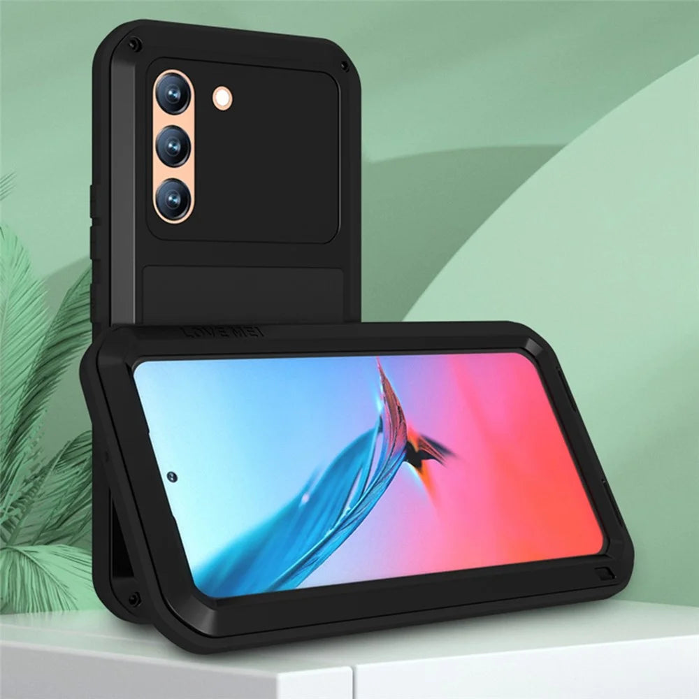 LOVE MEI for Samsung Galaxy S22 5G Silicone + Metal Cover Phone Case with Tempered Glass Film - Black - 2
