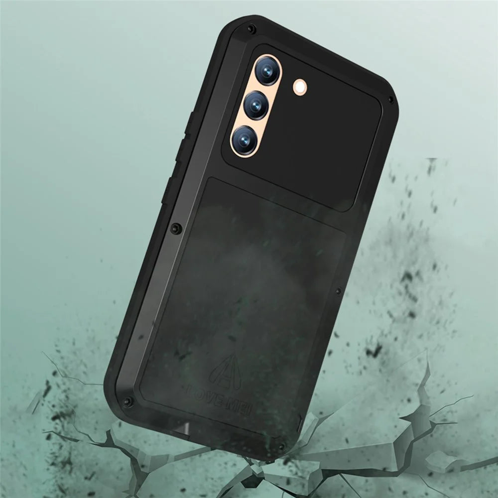 LOVE MEI for Samsung Galaxy S22 5G Silicone + Metal Cover Phone Case with Tempered Glass Film - Black - 3