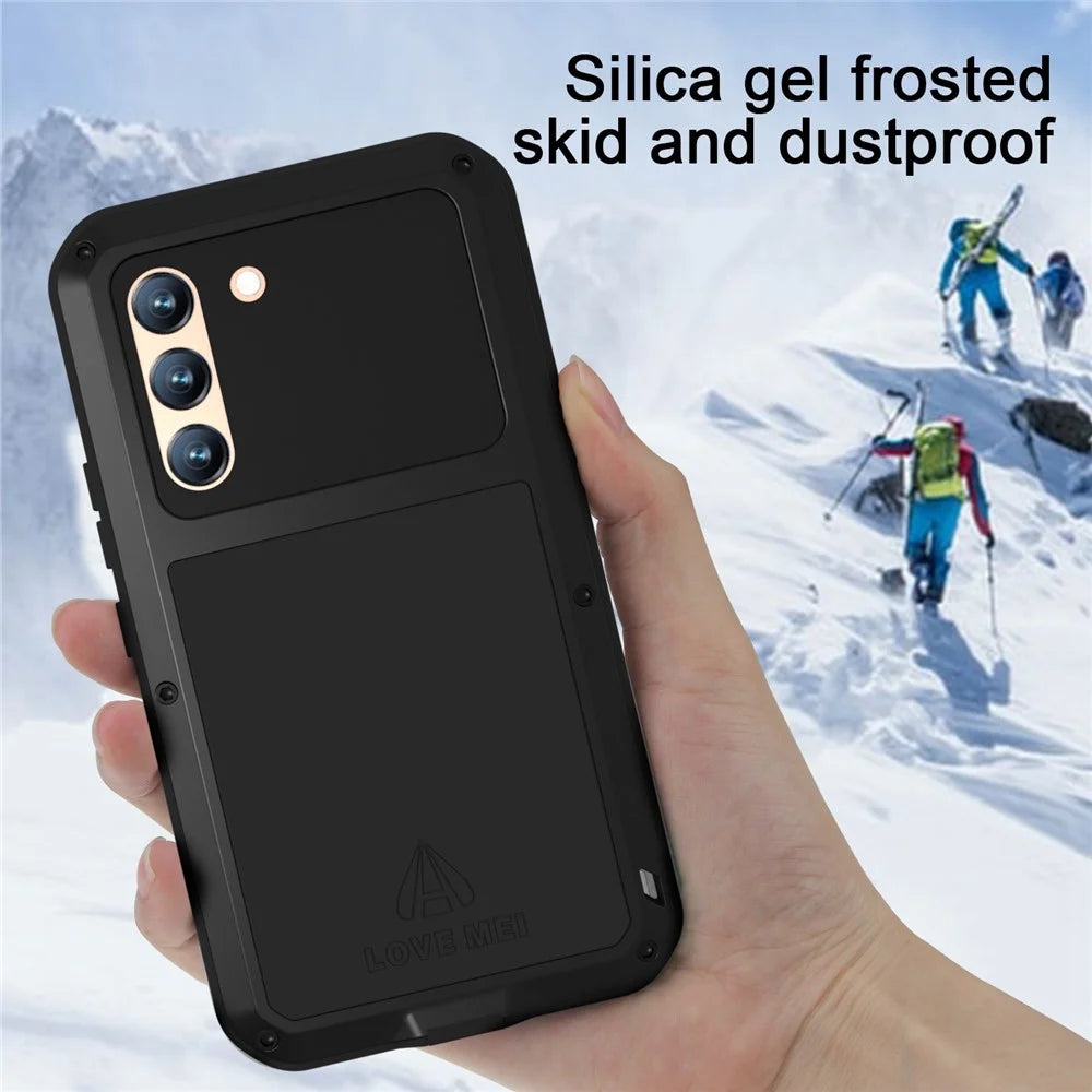 LOVE MEI for Samsung Galaxy S22 5G Silicone + Metal Cover Phone Case with Tempered Glass Film - Black - 4