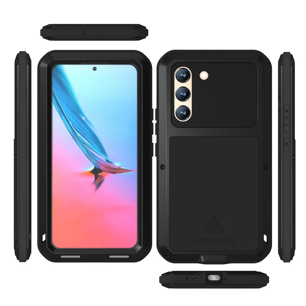 LOVE MEI for Samsung Galaxy S22 5G Silicone + Metal Cover Phone Case with Tempered Glass Film - Black - 5