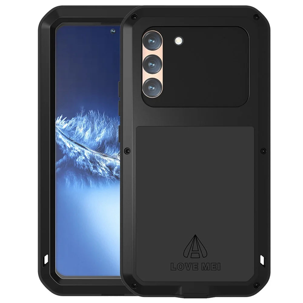 LOVE MEI Shockproof Metal Silicone Cover Phone Case with Tempered Glass Film for Samsung Galaxy S22+ 5G - Black - 1