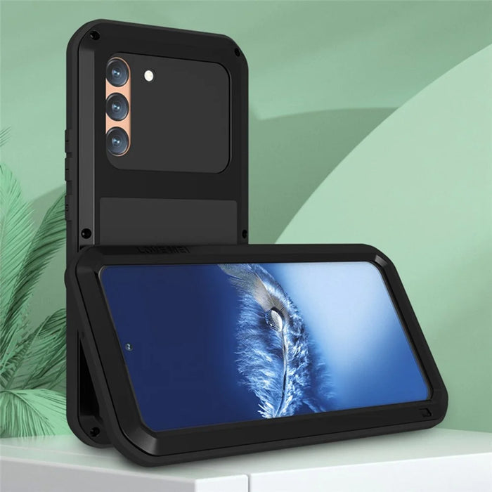 LOVE MEI Shockproof Metal Silicone Cover Phone Case with Tempered Glass Film for Samsung Galaxy S22+ 5G - Black - 2