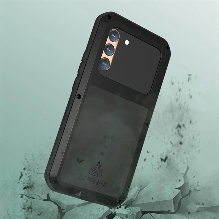LOVE MEI Shockproof Metal Silicone Cover Phone Case with Tempered Glass Film for Samsung Galaxy S22+ 5G - Black - 3