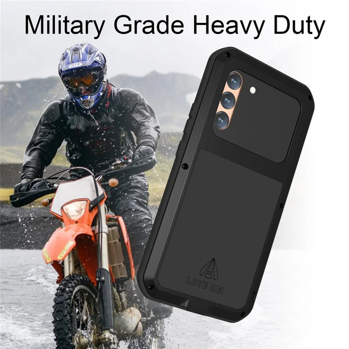 LOVE MEI Shockproof Metal Silicone Cover Phone Case with Tempered Glass Film for Samsung Galaxy S22+ 5G - Black - 4
