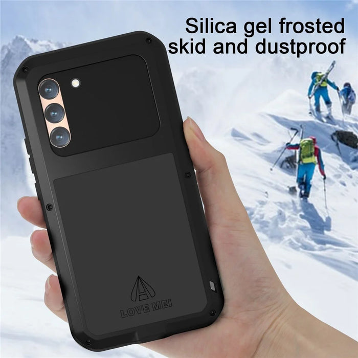 LOVE MEI Shockproof Metal Silicone Cover Phone Case with Tempered Glass Film for Samsung Galaxy S22+ 5G - Black - 5