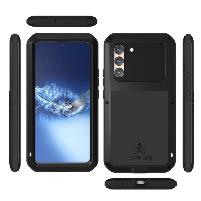 LOVE MEI Shockproof Metal Silicone Cover Phone Case with Tempered Glass Film for Samsung Galaxy S22+ 5G - Black - 6