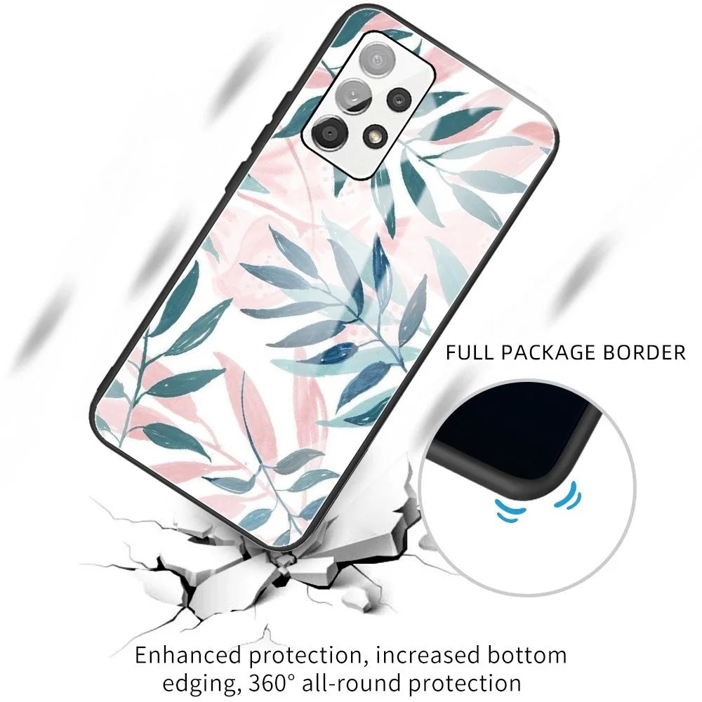 For Samsung Galaxy A13 4G Phone Shell Flexible TPU Frame + Tempered Glass Black Fashionable Pattern Printing Cover - Leaves - 2