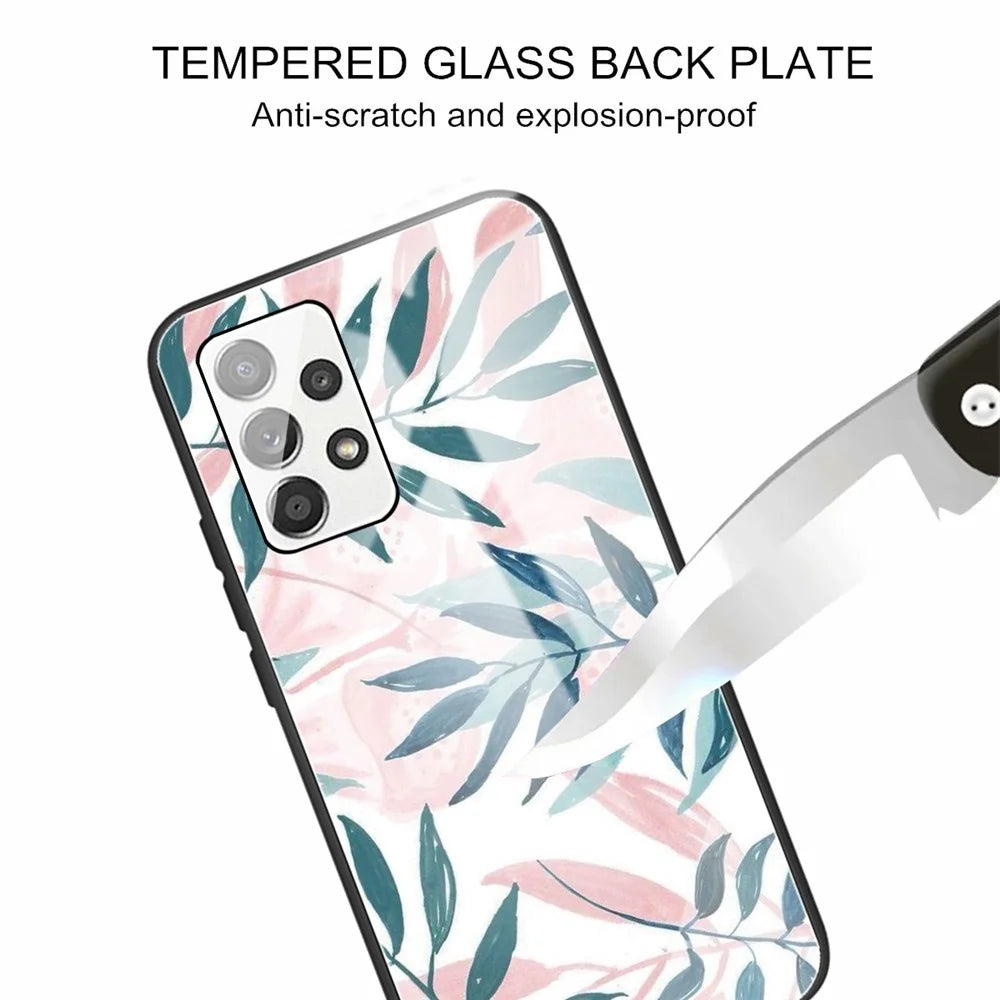 For Samsung Galaxy A13 4G Phone Shell Flexible TPU Frame + Tempered Glass Black Fashionable Pattern Printing Cover - Leaves - 3