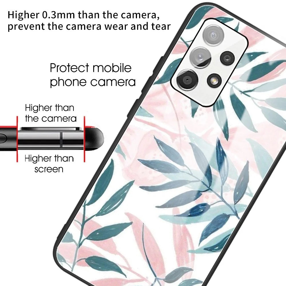 For Samsung Galaxy A13 4G Phone Shell Flexible TPU Frame + Tempered Glass Black Fashionable Pattern Printing Cover - Leaves - 4