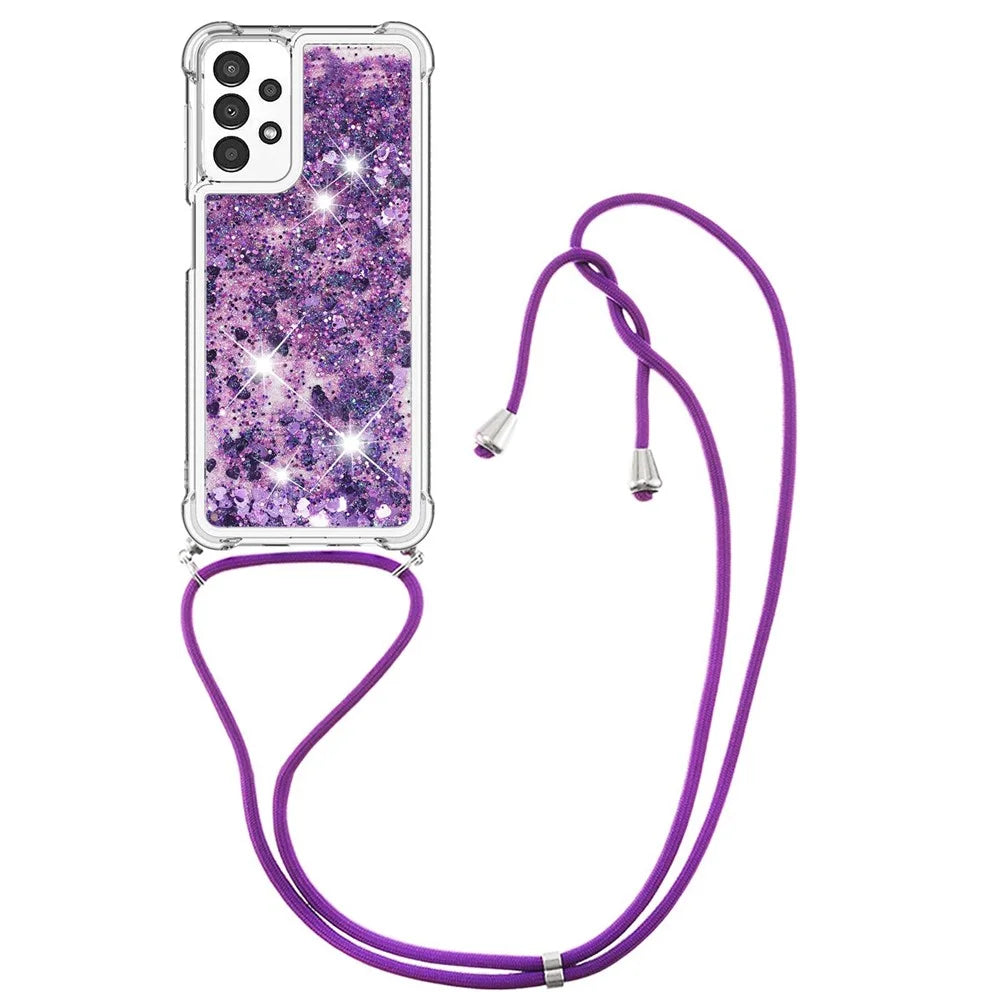 For Samsung Galaxy A13 4G TPU Case Quicksand Design Phone Cover with Lanyard - Dark Purple / Hearts - 1