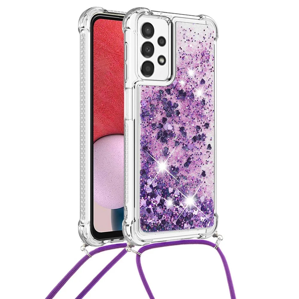 For Samsung Galaxy A13 4G TPU Case Quicksand Design Phone Cover with Lanyard - Dark Purple / Hearts - 2