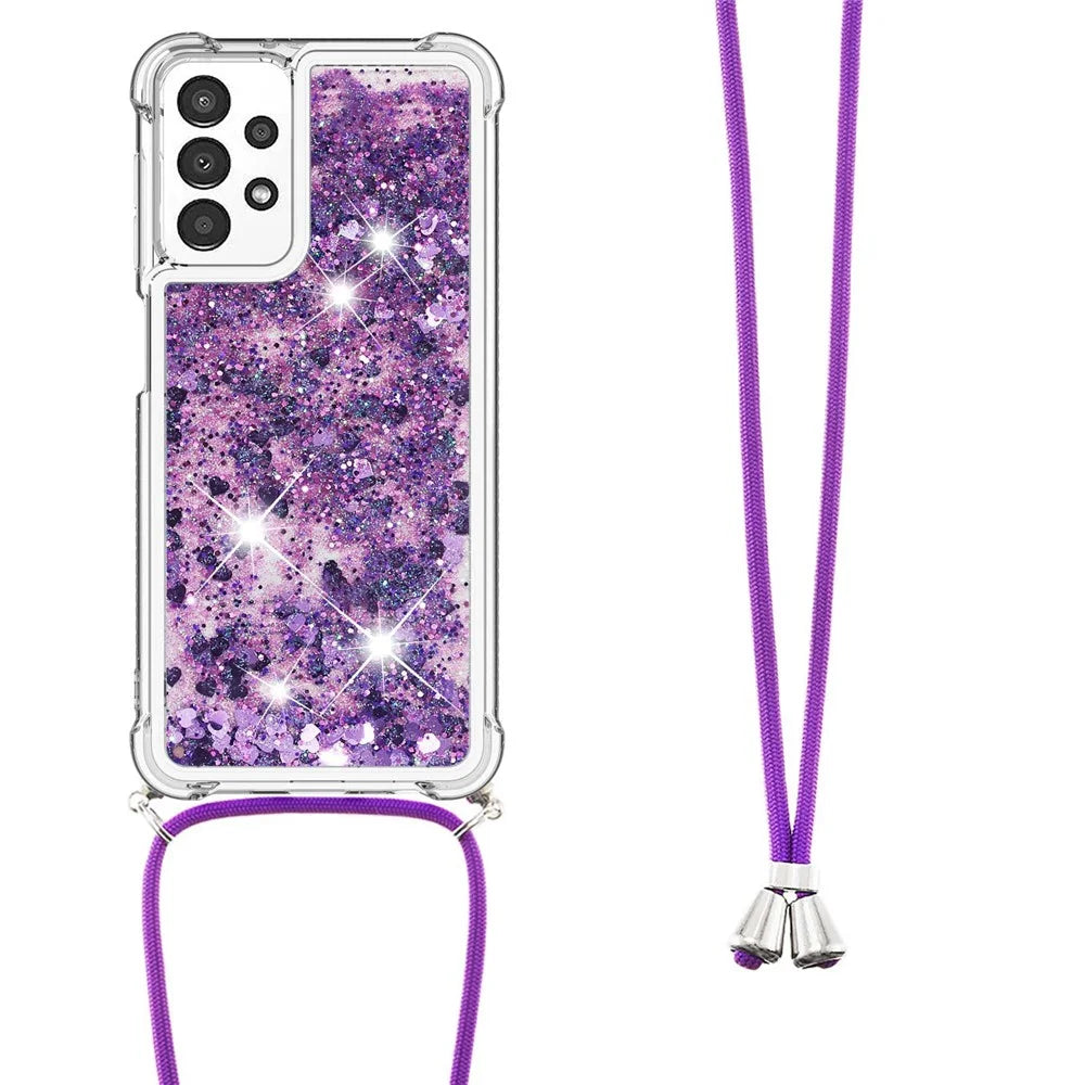 For Samsung Galaxy A13 4G TPU Case Quicksand Design Phone Cover with Lanyard - Dark Purple / Hearts - 3