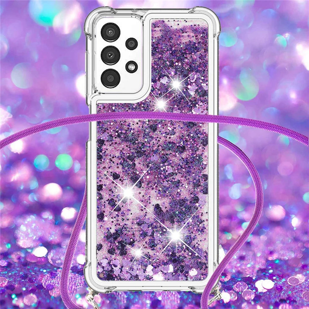 For Samsung Galaxy A13 4G TPU Case Quicksand Design Phone Cover with Lanyard - Dark Purple / Hearts - 4