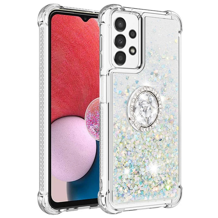 For Samsung Galaxy A13 4G TPU Case with Kickstand Quicksand Shockproof Cover - Silver / Hearts - 1