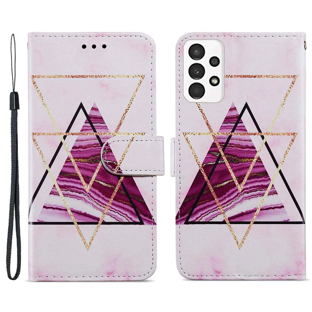 For Samsung Galaxy A13 4G Pattern Printing PU Leather Wallet Horizontal Stand Folio Cover with Wrist Strap - Tri-color Marble - 1