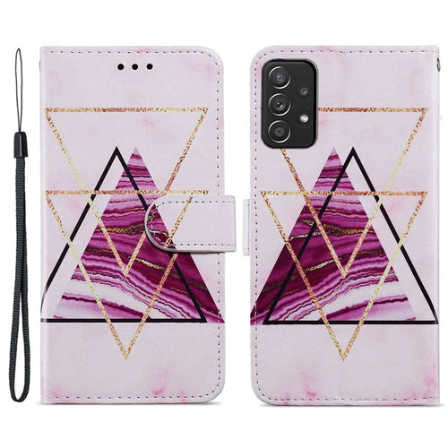 For Samsung Galaxy A33 5G Shock Absorption Pattern Printing PU Leather Wallet Stand Folio Cover with Wrist Strap - Tri-color Marble - 1
