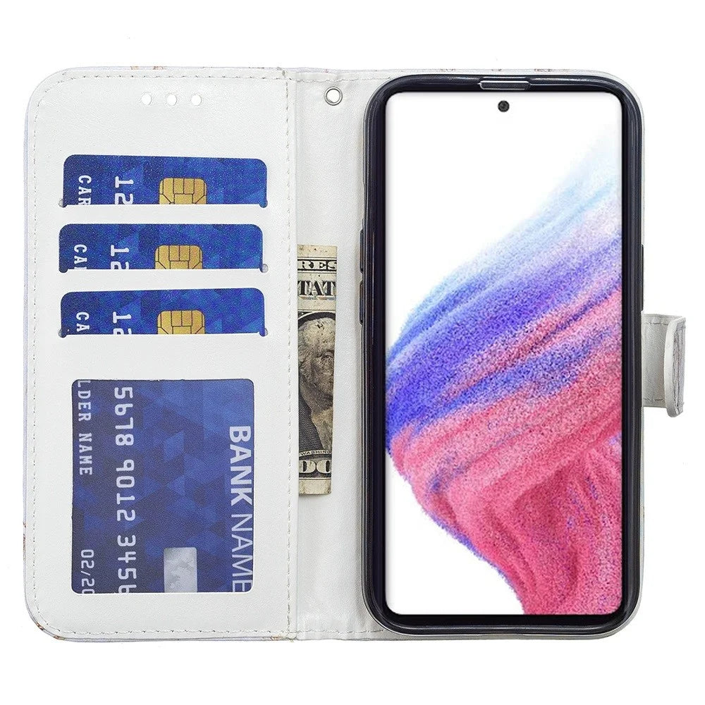 For Samsung Galaxy A33 5G Shock Absorption Pattern Printing PU Leather Wallet Stand Folio Cover with Wrist Strap - Tri-color Marble - 2