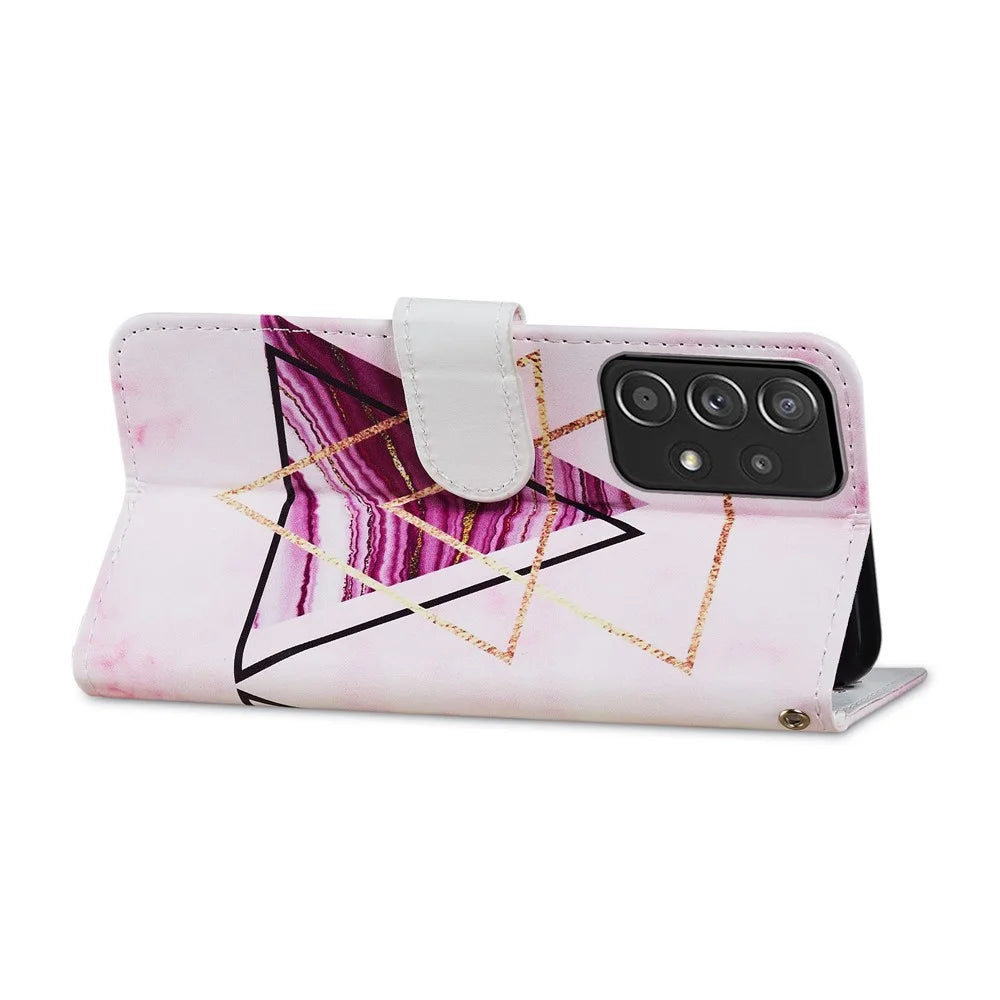 For Samsung Galaxy A33 5G Shock Absorption Pattern Printing PU Leather Wallet Stand Folio Cover with Wrist Strap - Tri-color Marble - 3