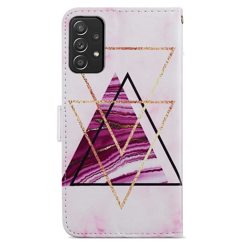 For Samsung Galaxy A33 5G Shock Absorption Pattern Printing PU Leather Wallet Stand Folio Cover with Wrist Strap - Tri-color Marble - 7