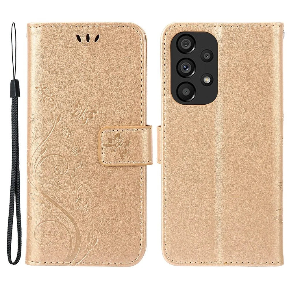 For Samsung Galaxy A53 5G PU Leather Stand Design Phone Case Imprint Butterflies Wallet Shockproof Cover - Gold - 1