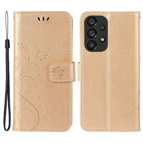 For Samsung Galaxy A53 5G PU Leather Stand Design Phone Case Imprint Butterflies Wallet Shockproof Cover - Gold - 1