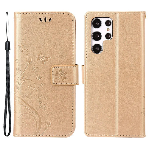 For Samsung Galaxy S22 Ultra 5G Stand Design PU Leather Magnetic Phone Case Imprint Butterflies Wallet Shell with Strap - Gold - 1