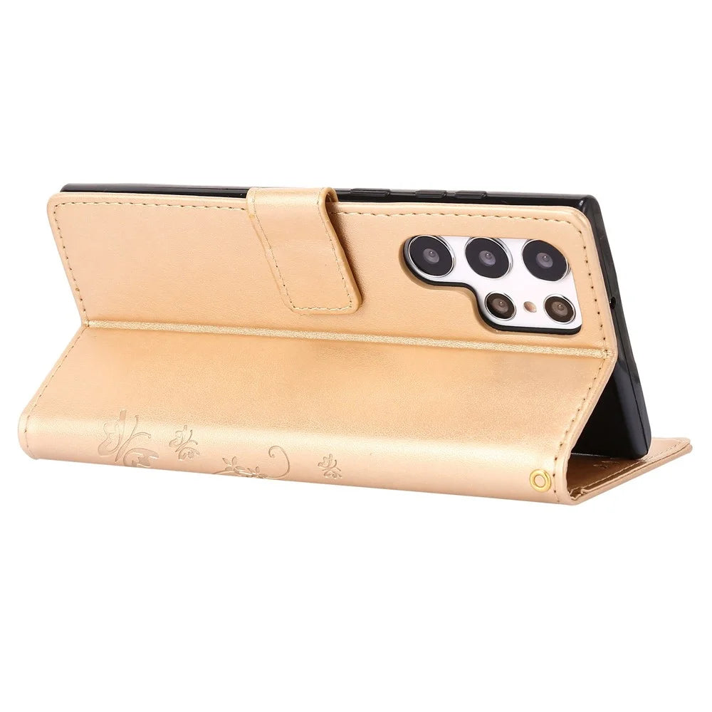 For Samsung Galaxy S22 Ultra 5G Stand Design PU Leather Magnetic Phone Case Imprint Butterflies Wallet Shell with Strap - Gold - 4