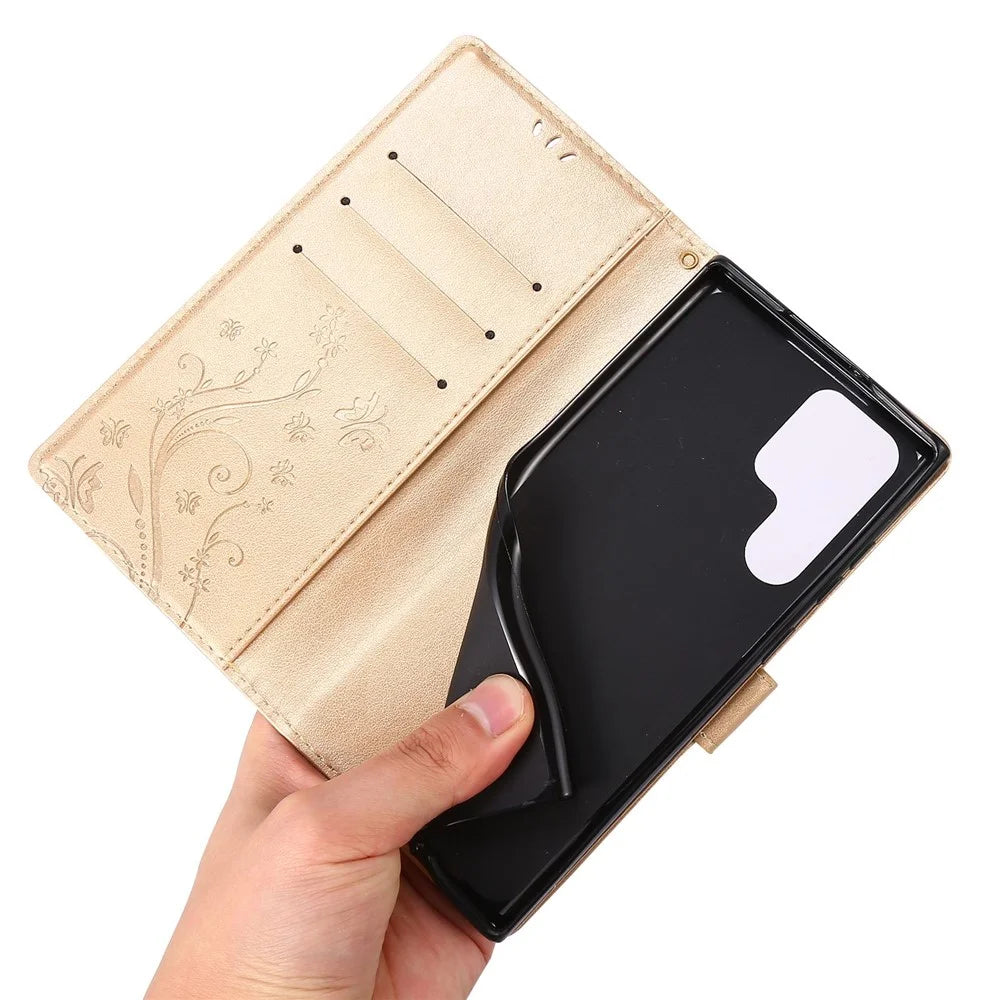 For Samsung Galaxy S22 Ultra 5G Stand Design PU Leather Magnetic Phone Case Imprint Butterflies Wallet Shell with Strap - Gold - 5
