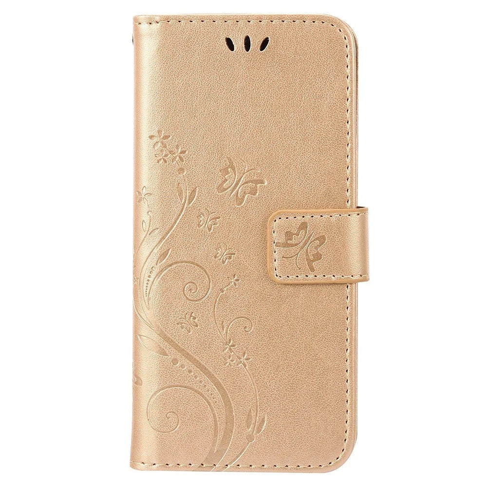 For Samsung Galaxy S22 Ultra 5G Stand Design PU Leather Magnetic Phone Case Imprint Butterflies Wallet Shell with Strap - Gold - 6