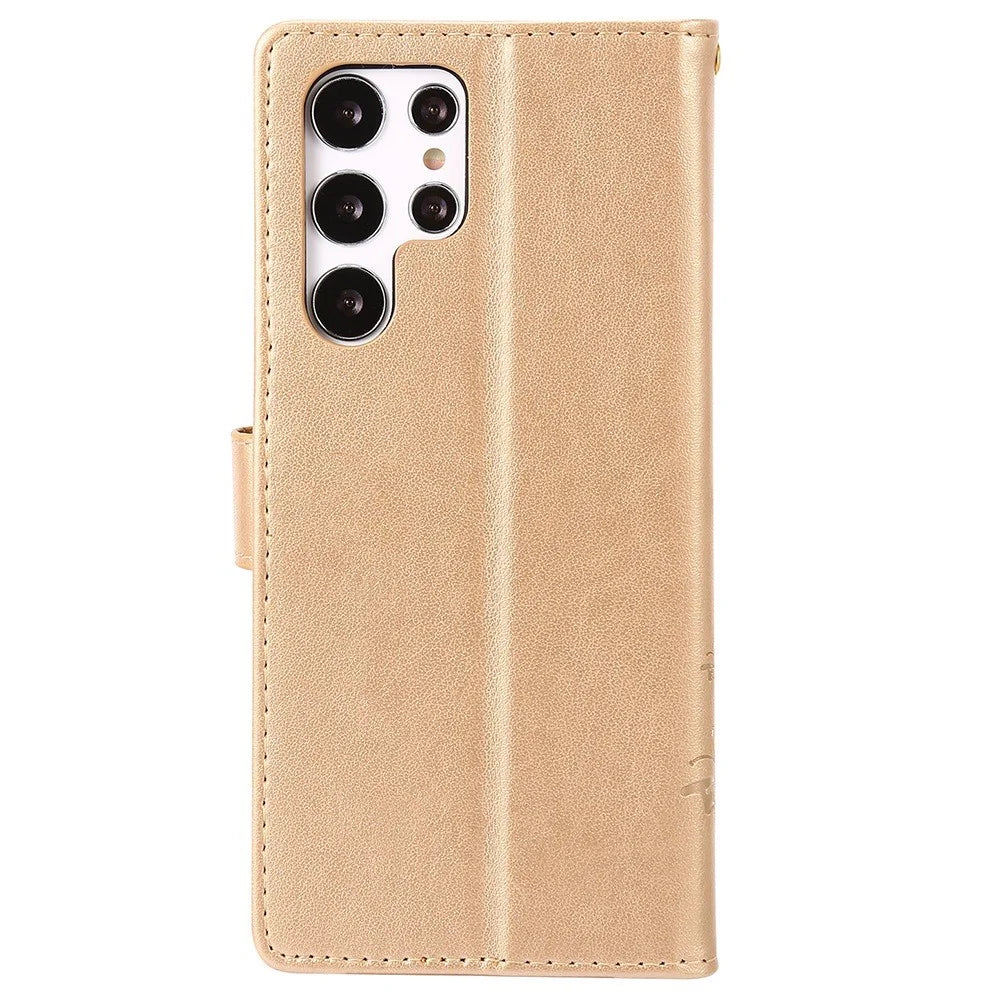 For Samsung Galaxy S22 Ultra 5G Stand Design PU Leather Magnetic Phone Case Imprint Butterflies Wallet Shell with Strap - Gold - 7