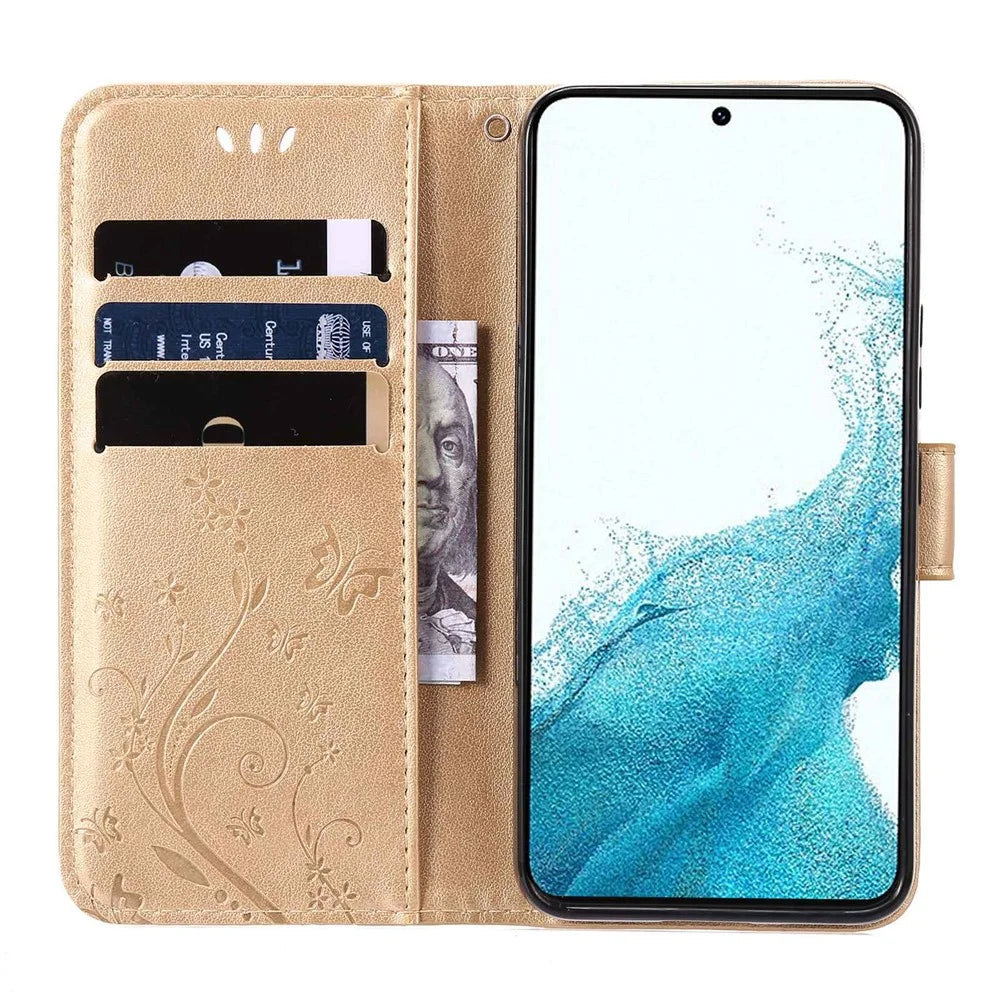 For Samsung Galaxy S22+ 5G Shockproof PU Leather Phone Case Imprint Butterflies Wallet Stand Design Magnetic Shell - Gold - 2