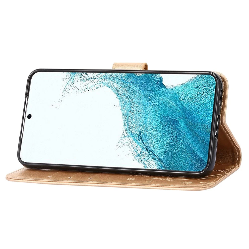 For Samsung Galaxy S22+ 5G Shockproof PU Leather Phone Case Imprint Butterflies Wallet Stand Design Magnetic Shell - Gold - 3