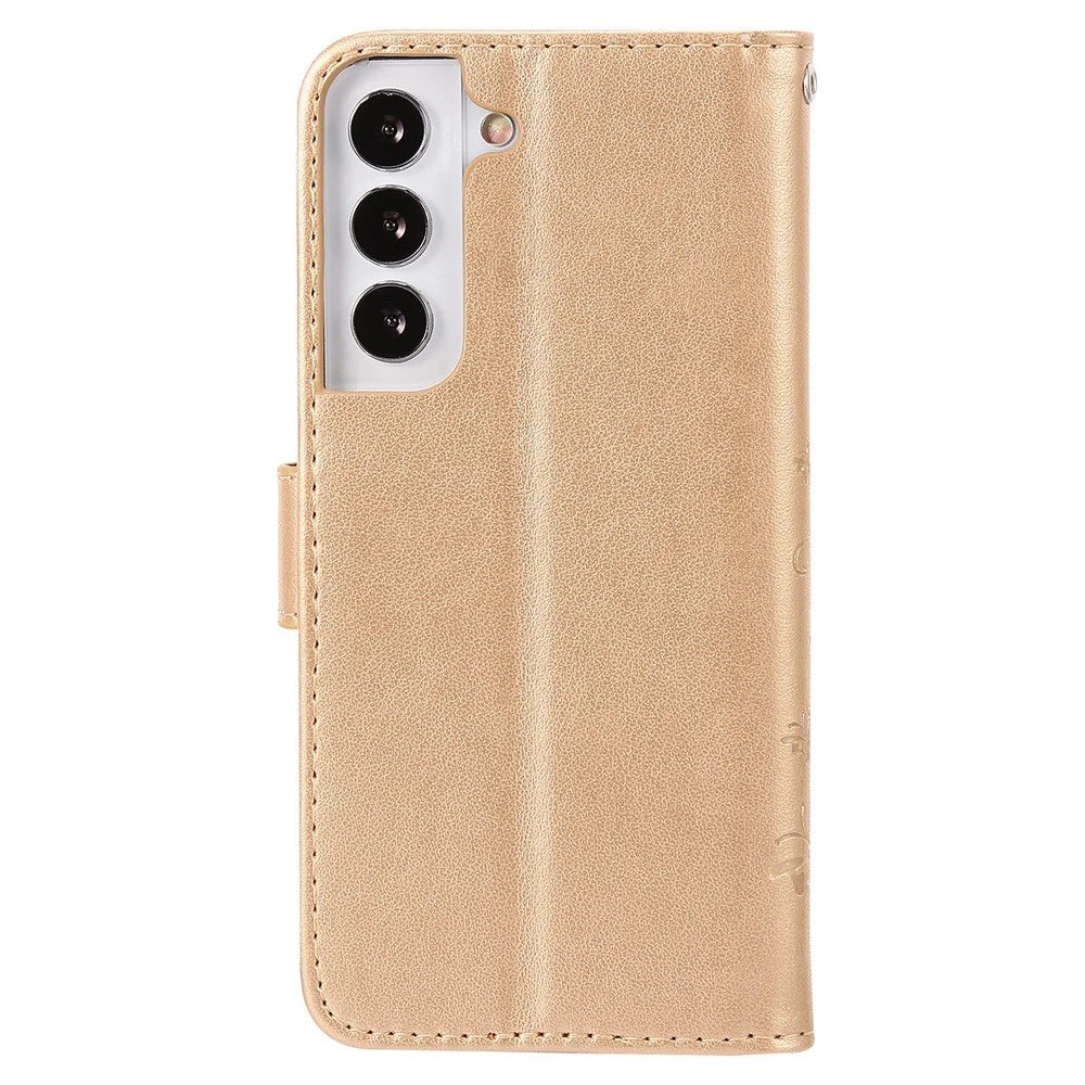 For Samsung Galaxy S22+ 5G Shockproof PU Leather Phone Case Imprint Butterflies Wallet Stand Design Magnetic Shell - Gold - 7