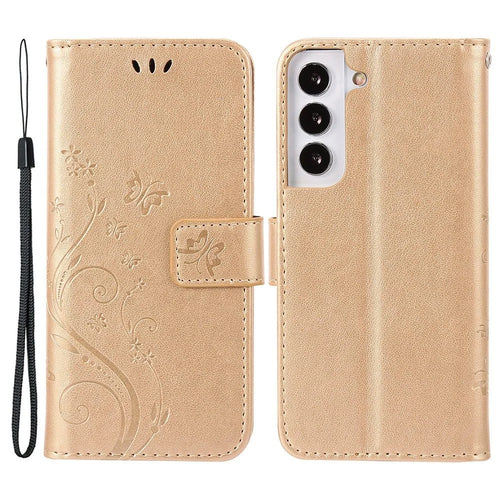 For Samsung Galaxy S22 5G Adjustable Stand Design PU Leather Phone Case Imprint Butterflies Wallet Magnetic Shell - Gold - 1