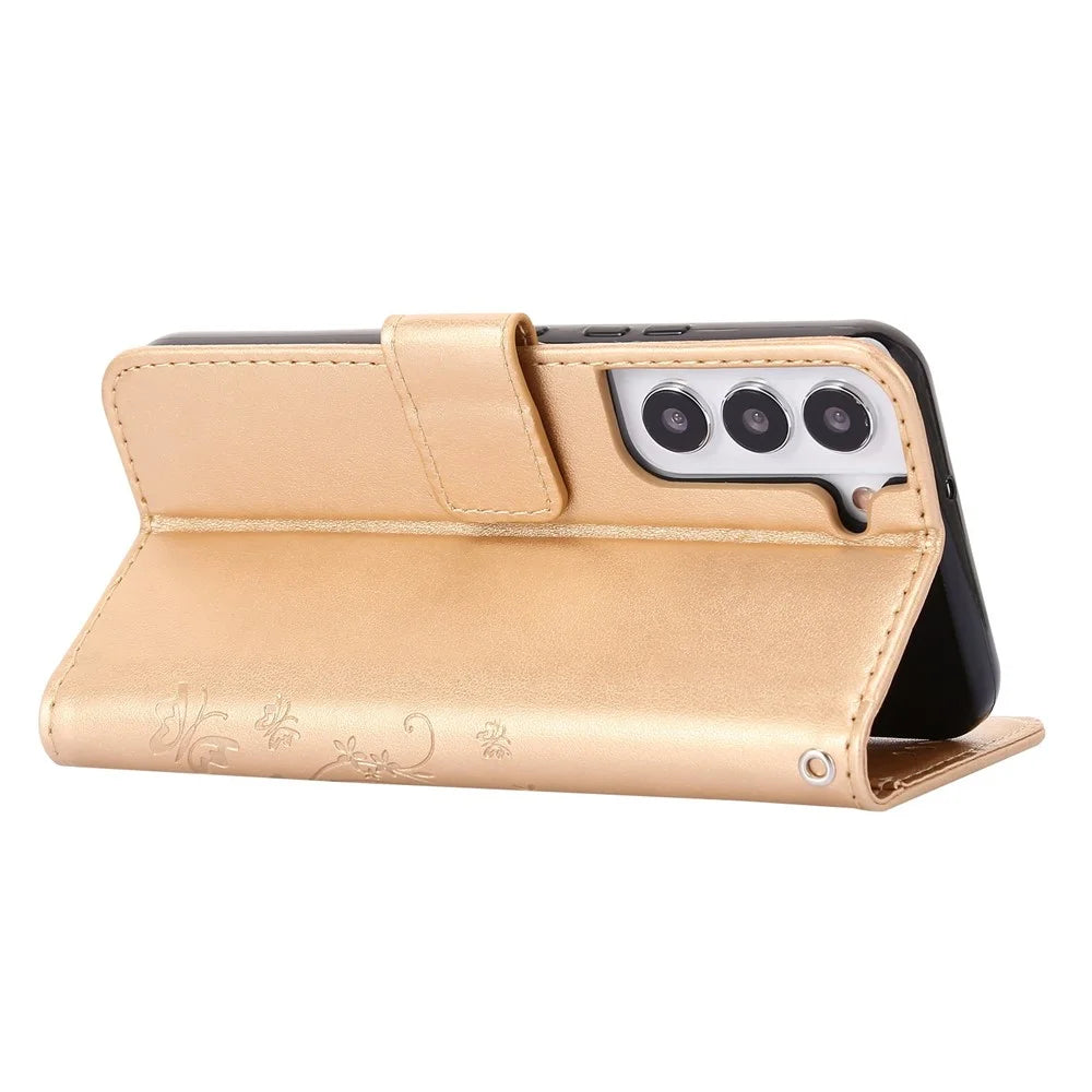 For Samsung Galaxy S22 5G Adjustable Stand Design PU Leather Phone Case Imprint Butterflies Wallet Magnetic Shell - Gold - 4